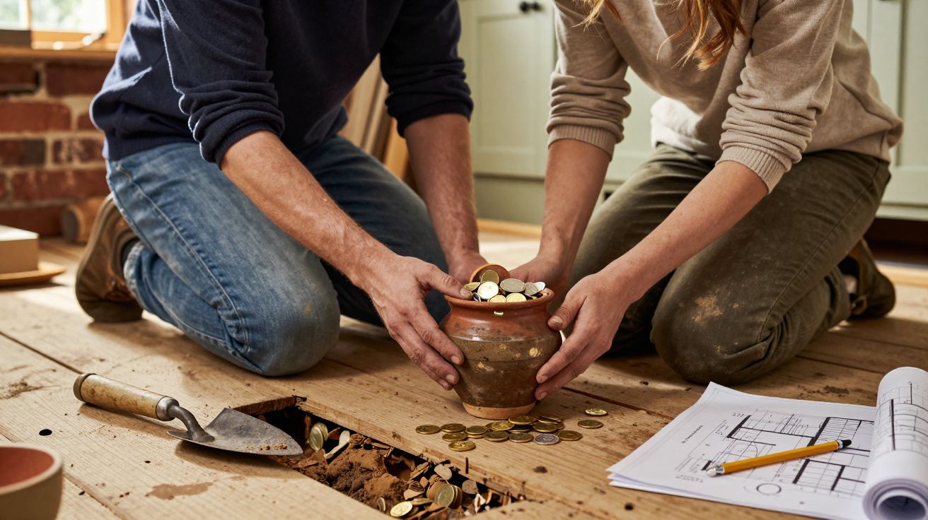 Casal abrindo buraco no chão de madeira para esconder pote de moedas perto de planta baixa e ferramenta.