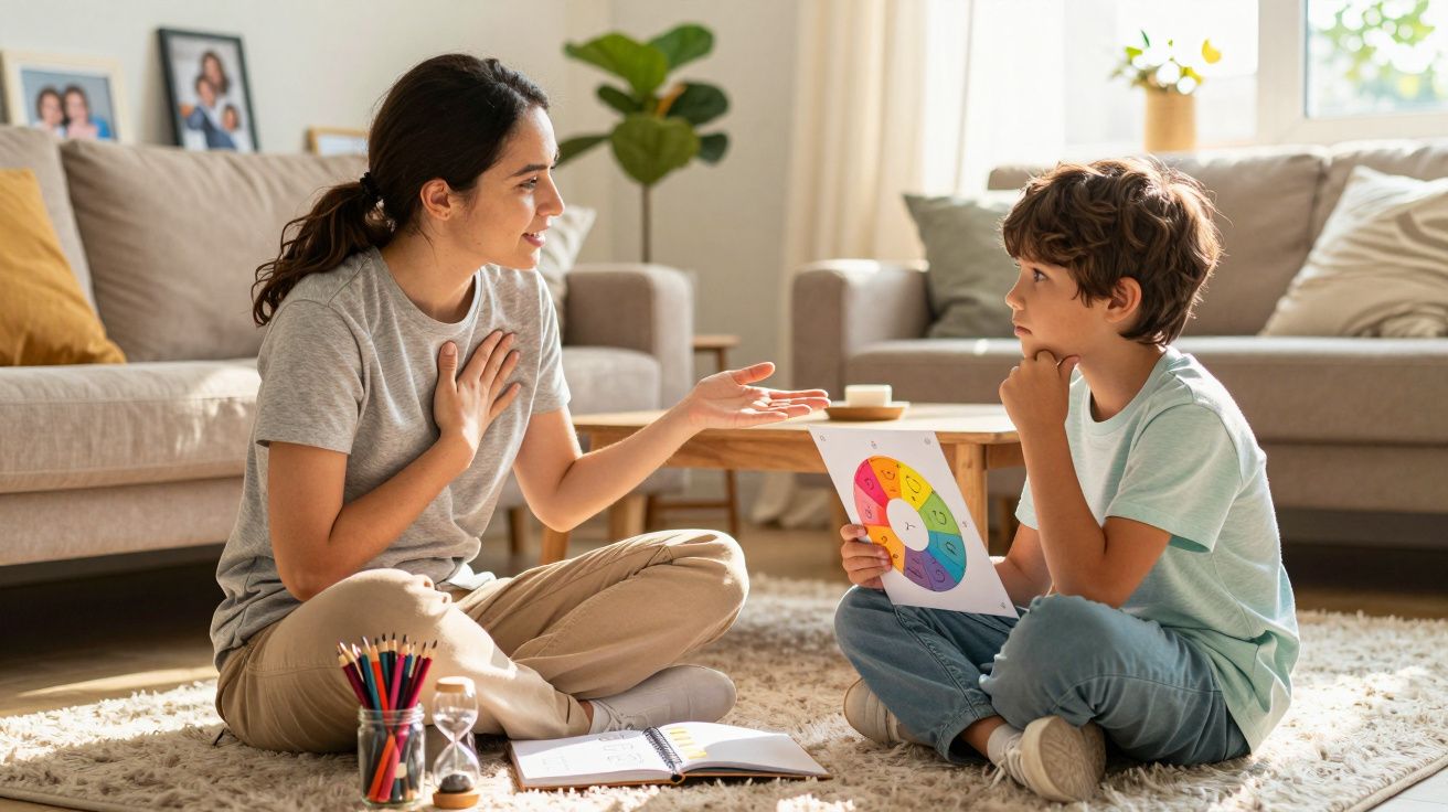 Mulher e menino sentados no chão da sala, aprendendo cores com um quadro colorido.