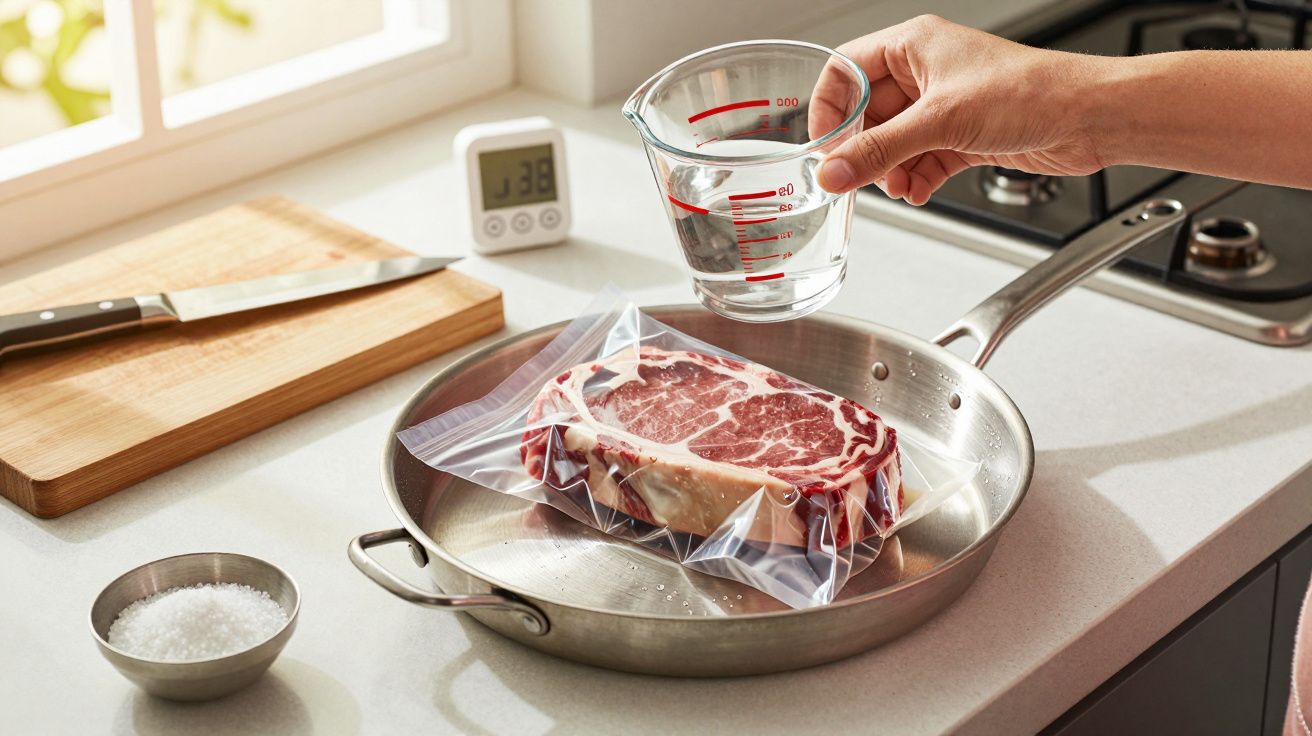 Pessoa colocando um copo medidor com água em uma frigideira com bife embalado em saco plástico transparente.