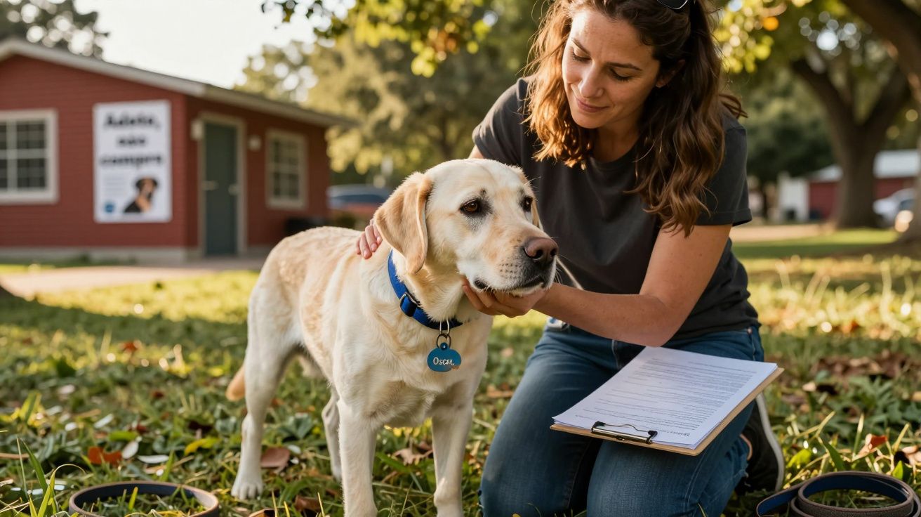 Mulher com prancheta acaricia cachorro Labrador em área externa com grama e árvore ao fundo.