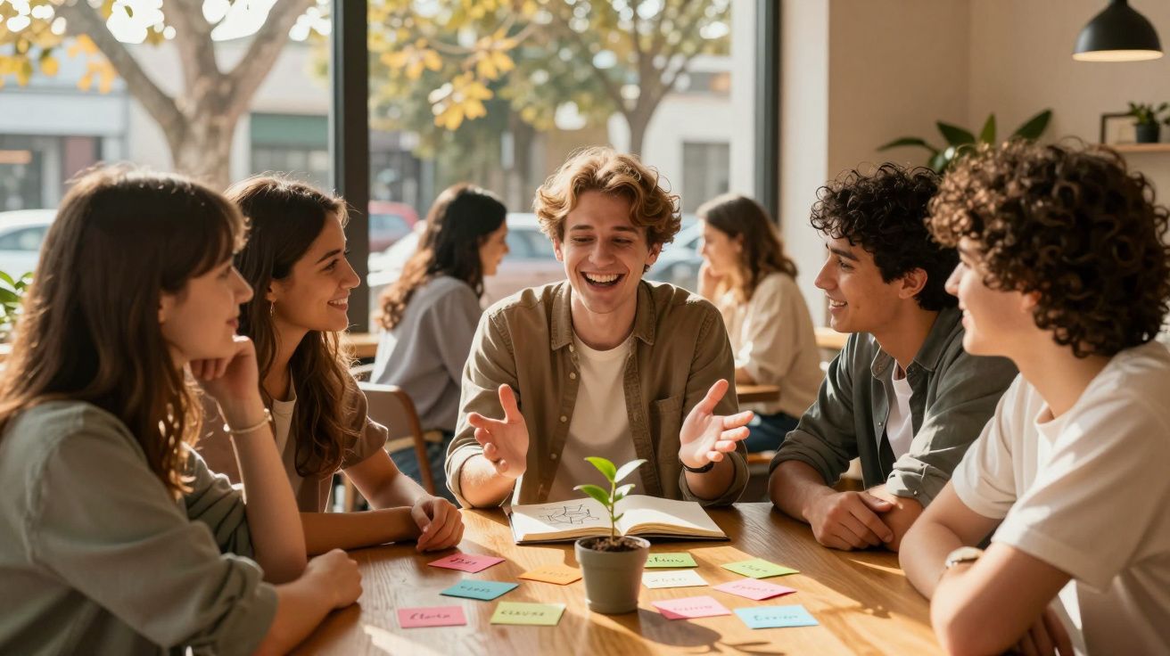 Grupo de jovens conversando e sorrindo em mesa com post-its e planta pequena em vaso.