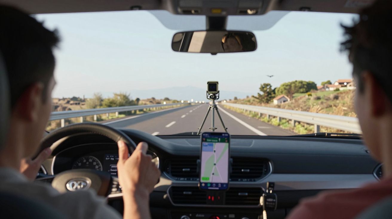 Interior de carro com motorista e passageiro, câmera no painel e celular com GPS na estrada.