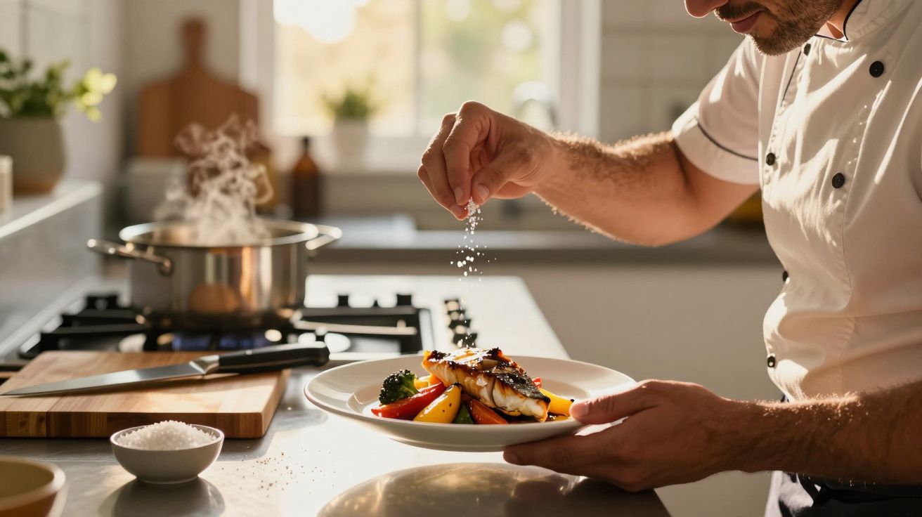 Chef salpicando sal em prato com filé de peixe e legumes na cozinha iluminada pelo sol.