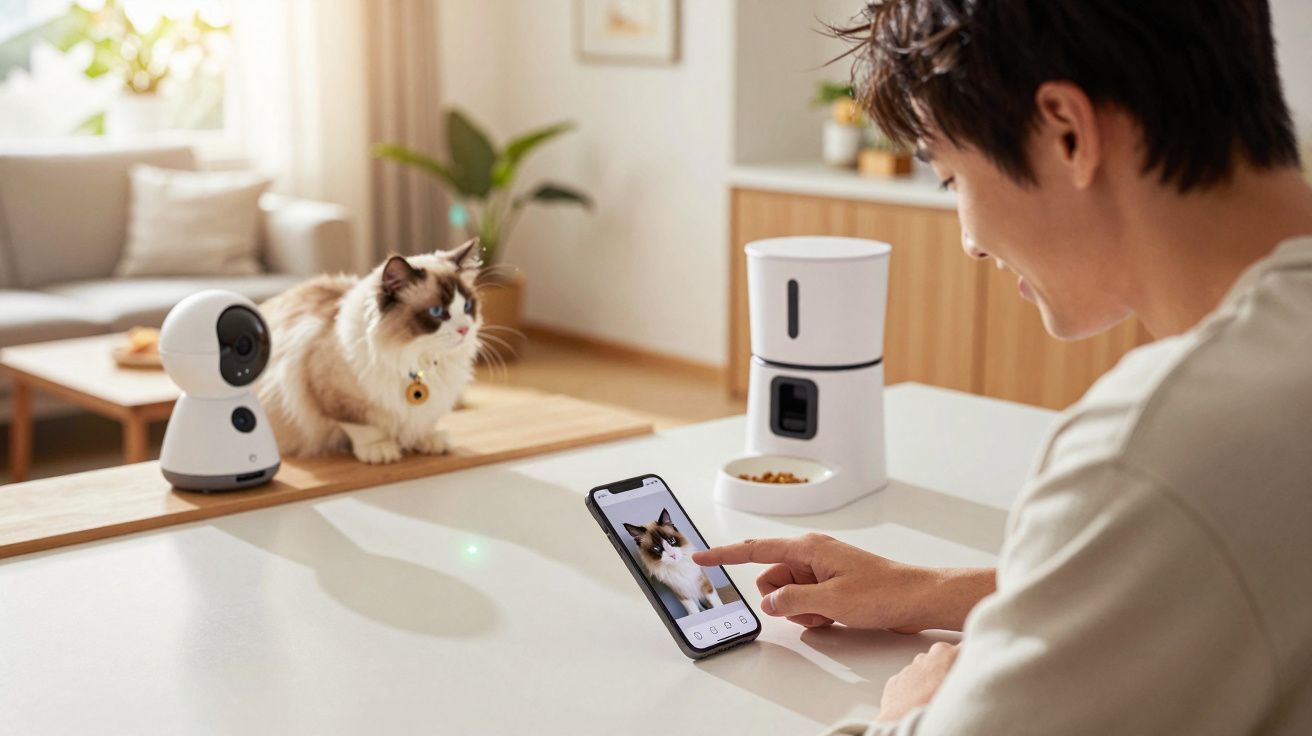 Homem usando celular para monitorar gato em casa com câmera e comedouro automático ao fundo.