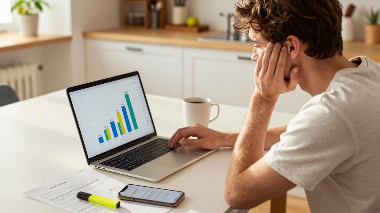 Homem jovem analisa gráfico de barras coloridas no notebook sentado à mesa com celular e documentos à frente.