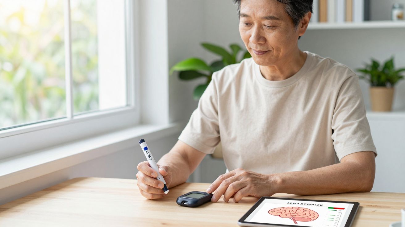 Homem verificando glicose no sangue com glicosímetro em mesa com tablet ao lado.