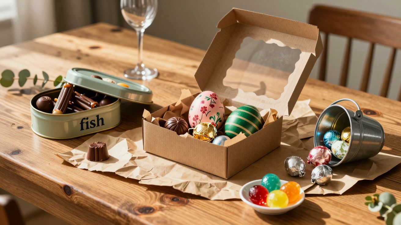 Caixa aberta com ovos de Páscoa decorados, chocolates variados em lata e baldes, sobre mesa de madeira.