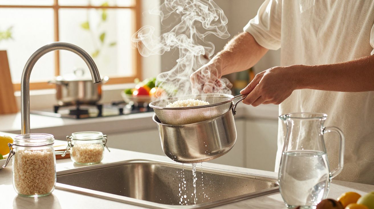 Pessoa escorrendo arroz cozido em panela sobre pia de cozinha com vapor e jarras de vidro ao redor.