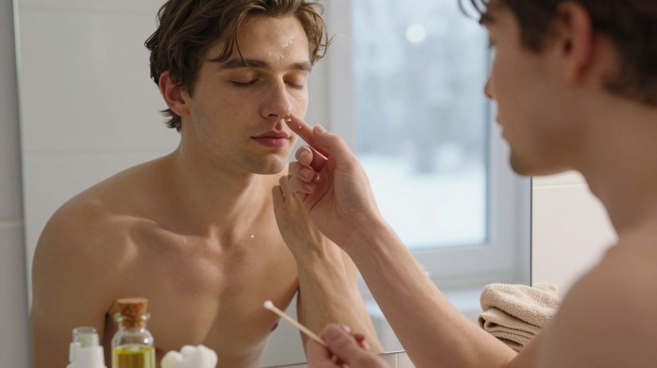 Homem aplicando produto no rosto em frente ao espelho no banheiro, com olhos fechados.