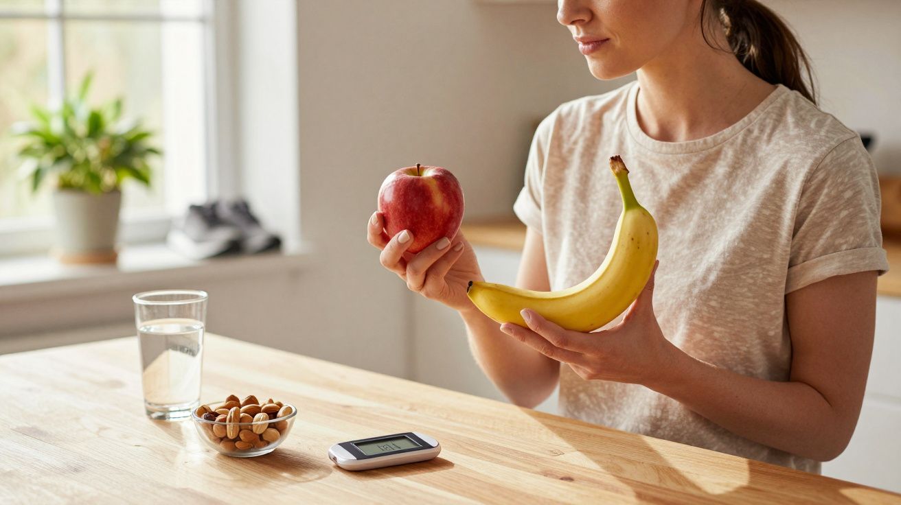 Mulher segurando maçã e banana, com copo d'água, tigela de amêndoas e aparelho medidor de glicose à sua frente.