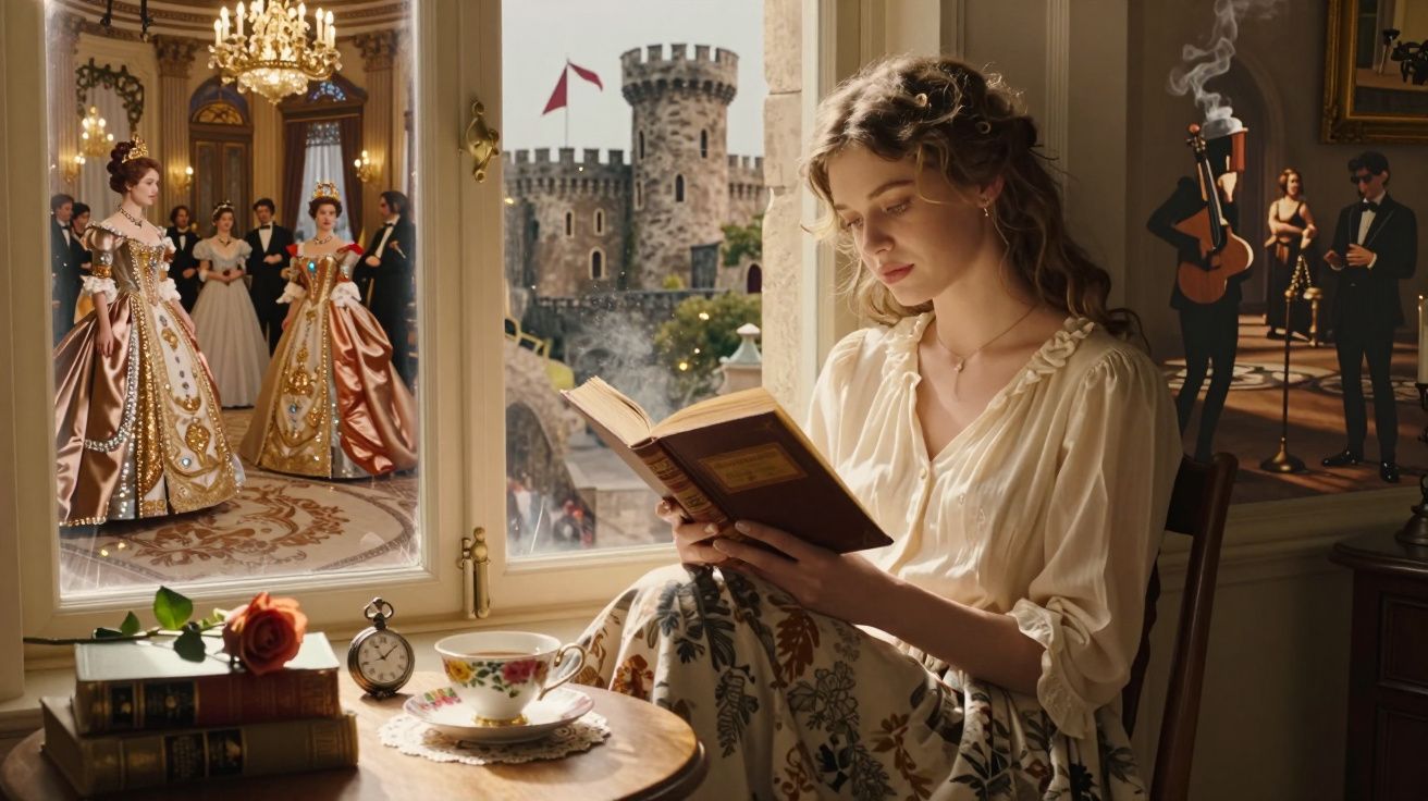 Jovem lendo livro perto de janela, com castelo ao fundo e cena de baile com pessoas em trajes históricos.