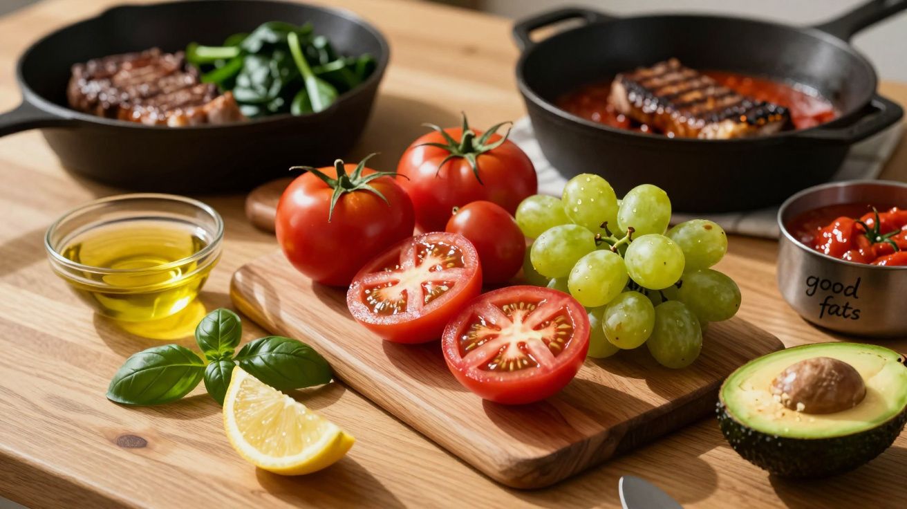 Tomates, uvas verdes, abacate, limão, folhas de manjericão, azeite e bifes em frigideiras sobre bancada de madeira.