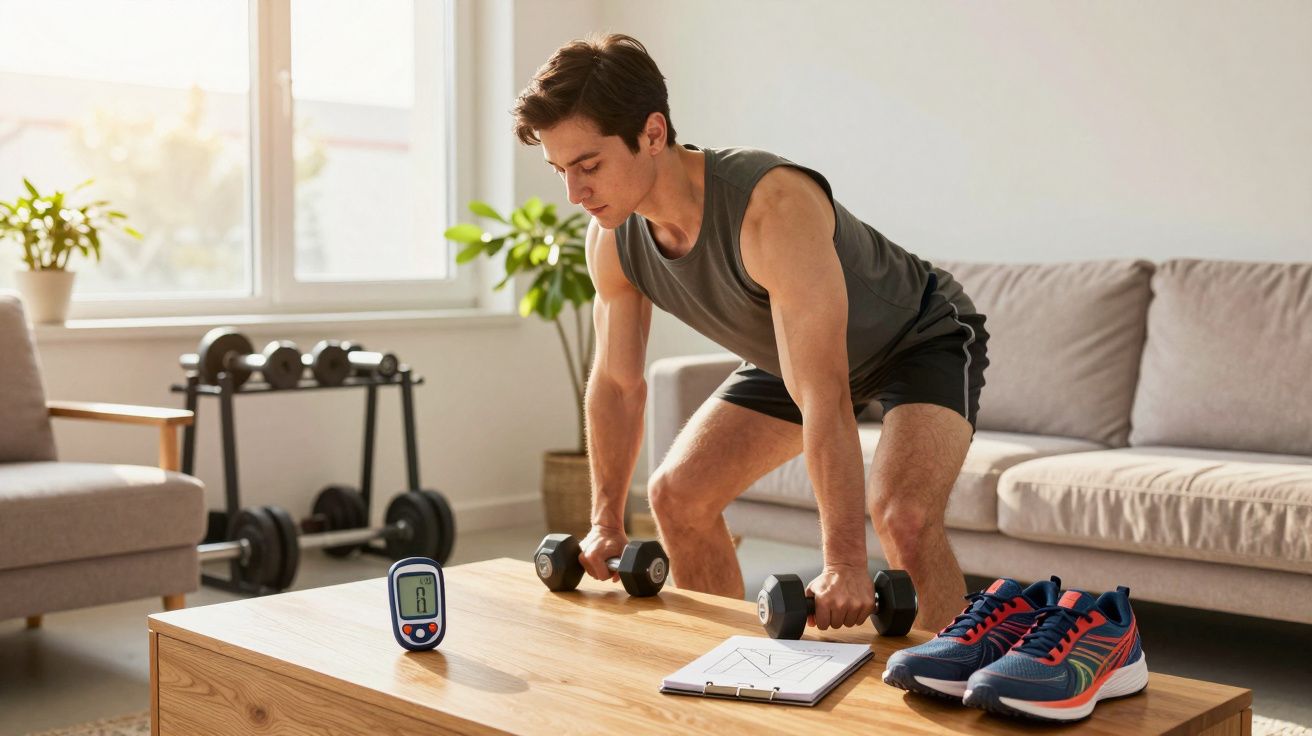 Jovem faz exercício com halteres na mesa da sala, ao lado de tênis, prancheta e medidor de glicemia.