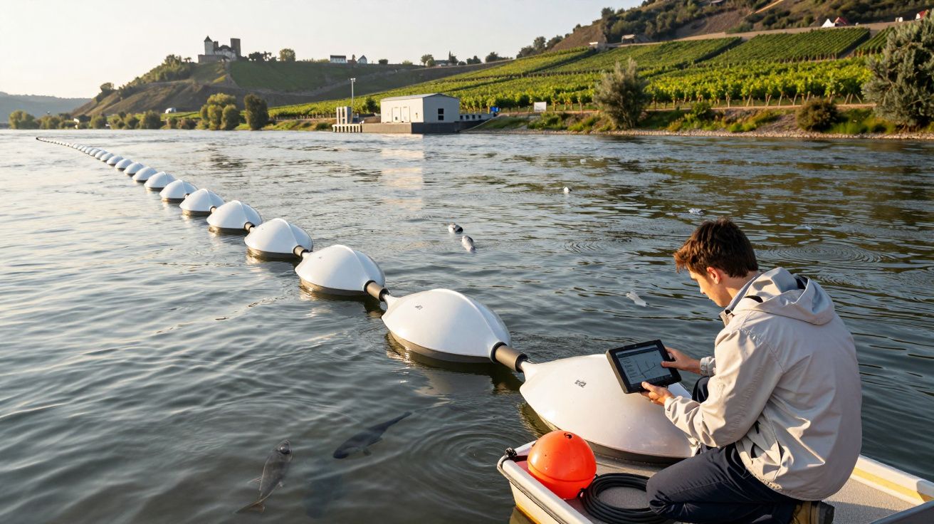 Homem sentado em bote monitora água de rio com tablet, boias flutuantes e vinhedos ao fundo.