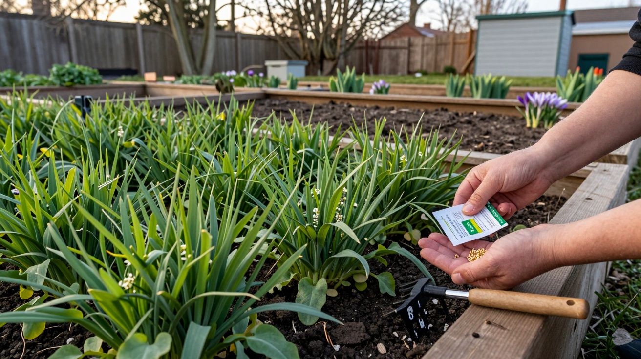 Mãos semeando sementes em canteiro com plantas verdes em jardim comunitário ao ar livre.