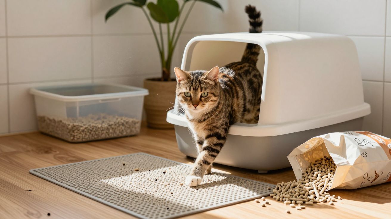 Gato saindo de caixa de areia coberta, ao lado de tapete e saco de ração espalhada no chão de madeira.