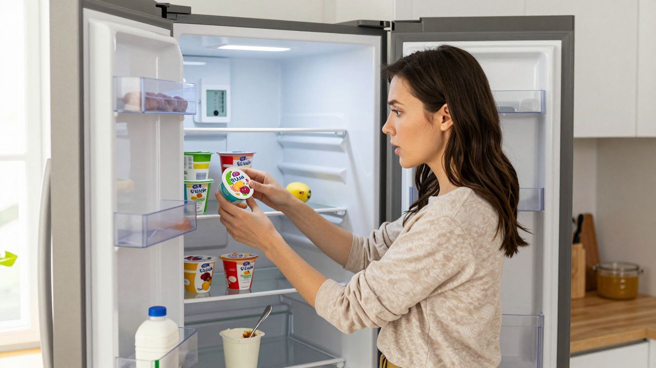 Mulher olhando e segurando pote de iogurte dentro da geladeira em cozinha moderna.