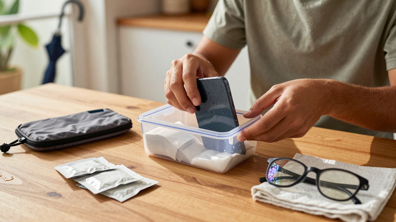 Pessoa mergulhando um celular molhado em recipiente com sílica gel para secagem sobre mesa de madeira.