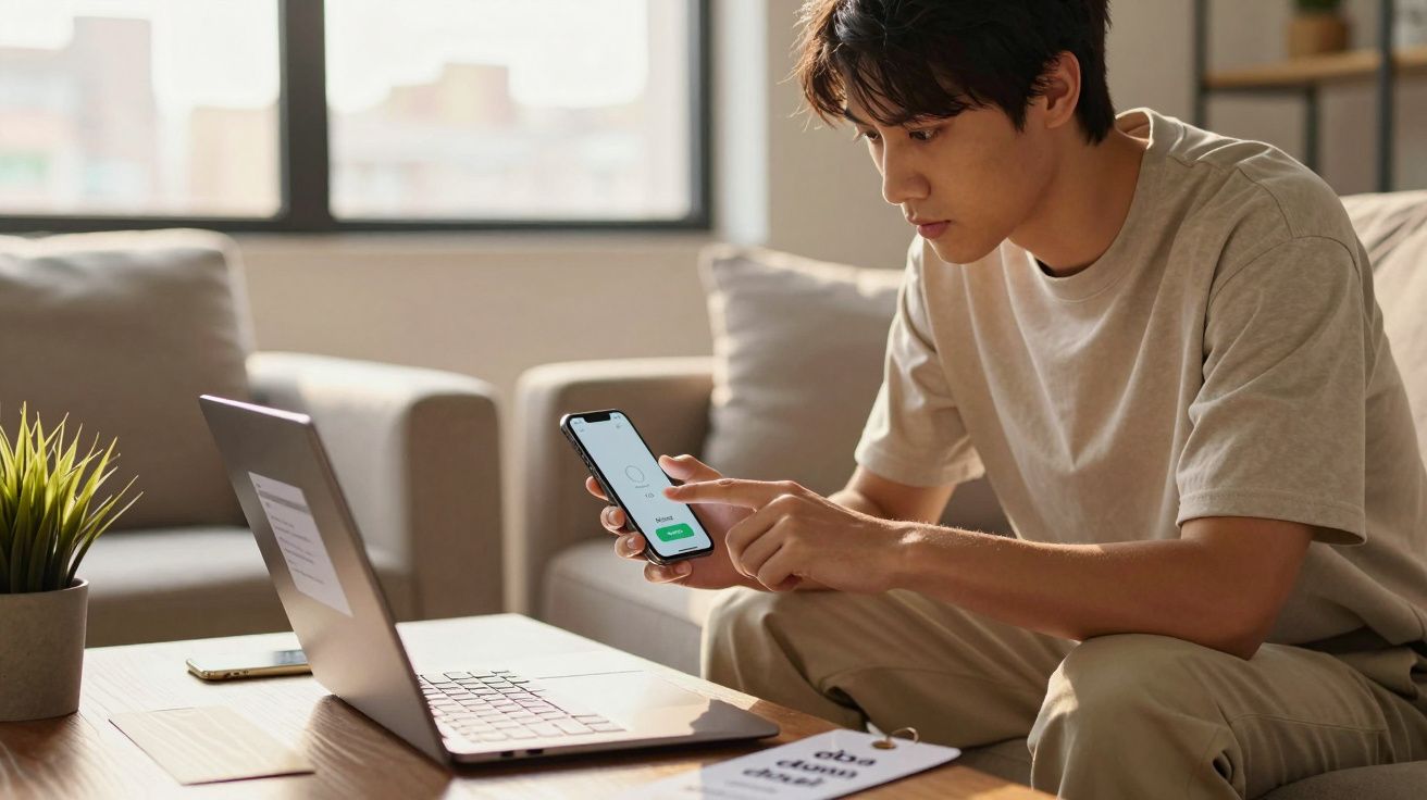 Homem sentado no sofá usando smartphone e laptop sobre mesa com planta e papéis.