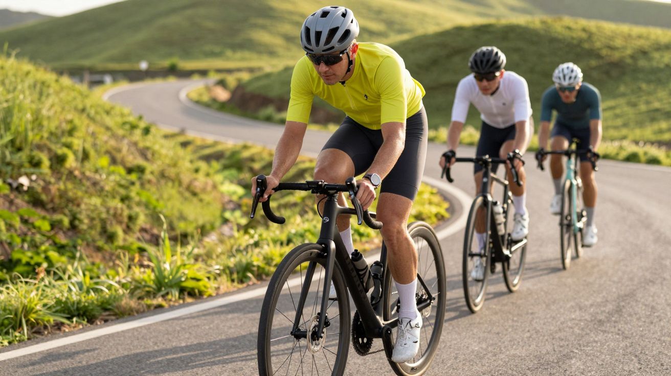 Três ciclistas usando capacete pedalando em uma estrada sinuosa cercada por colinas verdes.