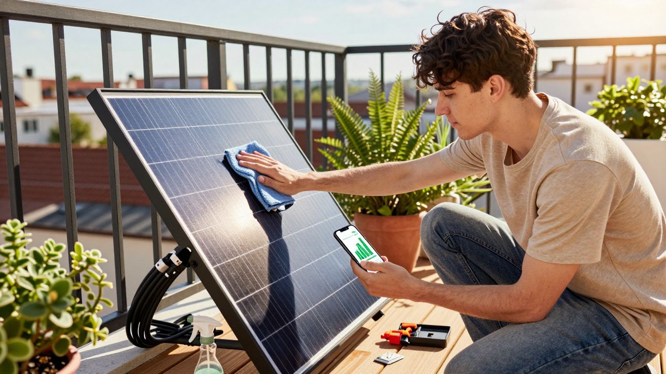 Jovem limpando painel solar em varanda ensolarada com celular na mão mostrando gráficos de energia.