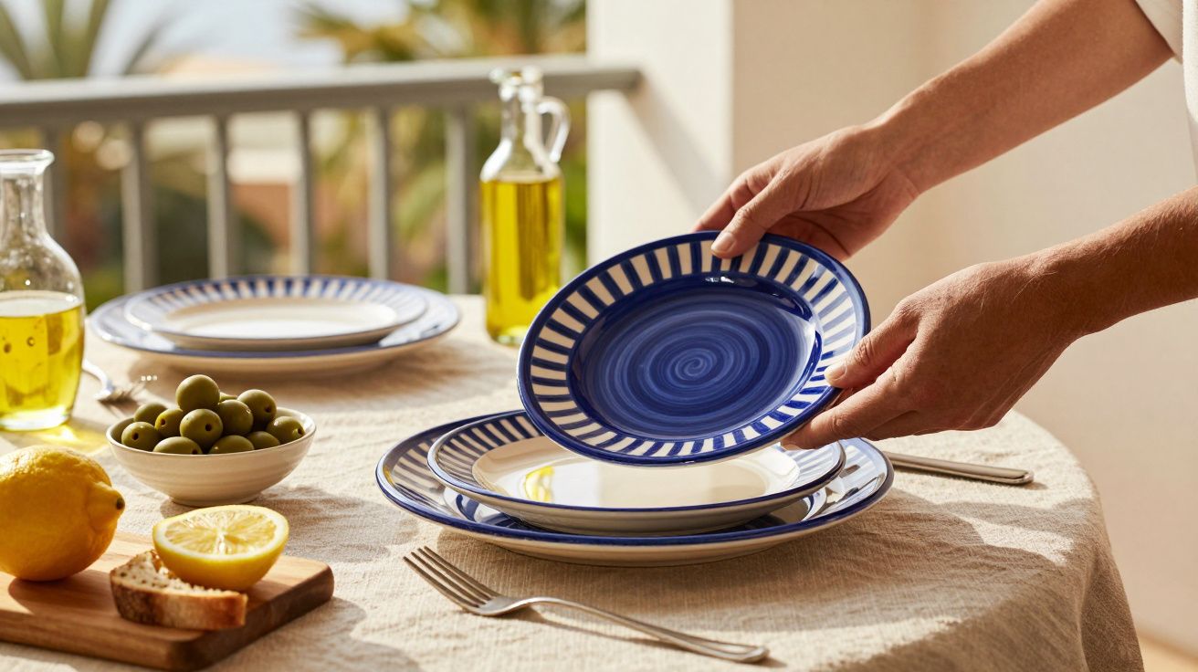 Mesa posta com pratos azuis, limão, azeitonas e azeite, com mãos organizando utensílios.