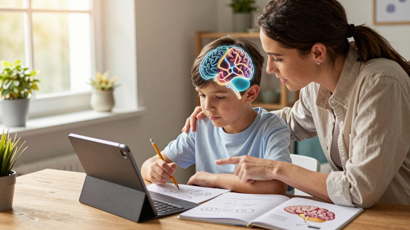 Mãe auxiliando filho em lição de casa sobre funcionamento do cérebro com livro e tablet à mesa.