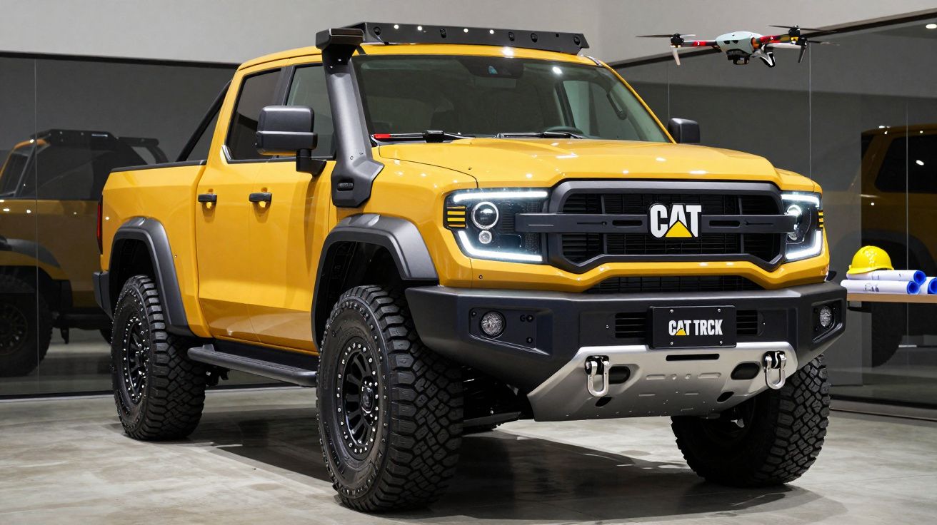 Picape amarela robusta da marca CAT com drone voando ao lado em ambiente interno.