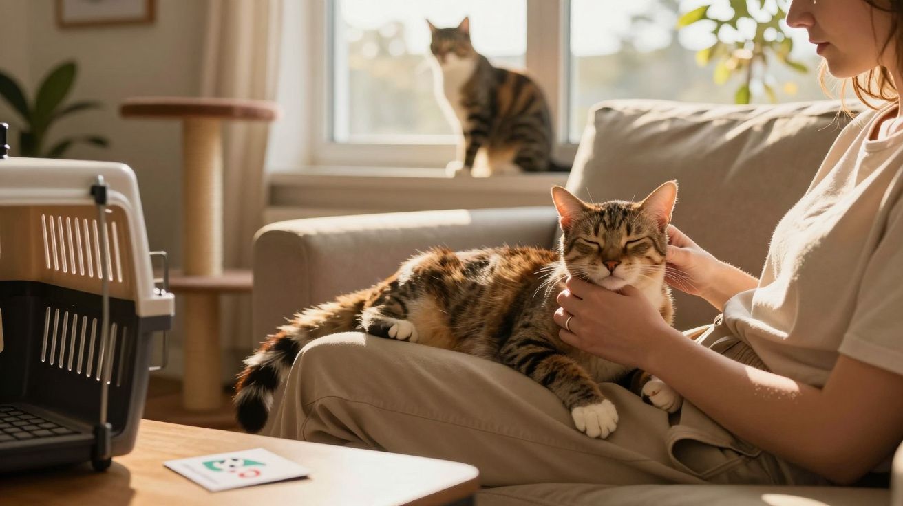 Mulher acariciando gato no colo em sala iluminada, com outro gato sentado no sofá ao fundo.