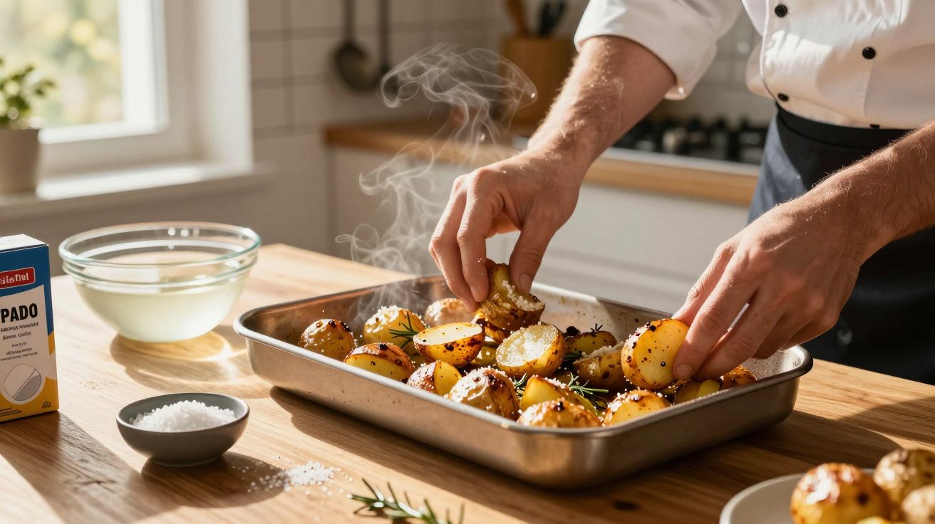 Chef temperando batatas assadas em assadeira na cozinha com luz natural pela janela