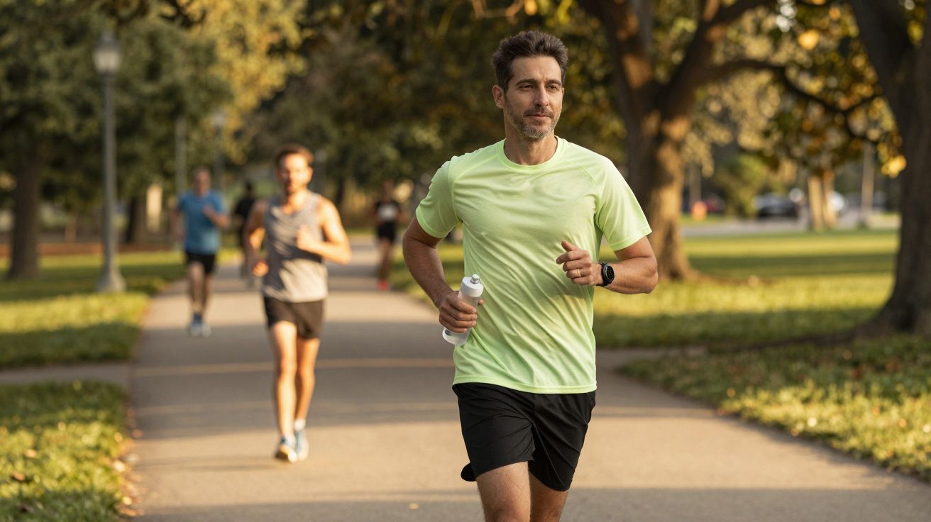 Homem correndo no parque segurando uma garrafa de água com outras pessoas ao fundo.