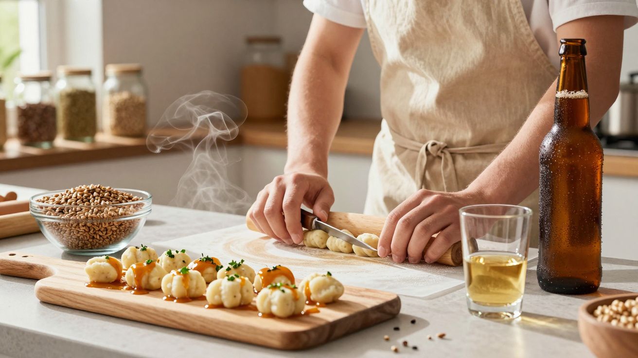 Pessoa cortando massa enquanto pequenas porções de comida estão em uma tábua na bancada da cozinha.