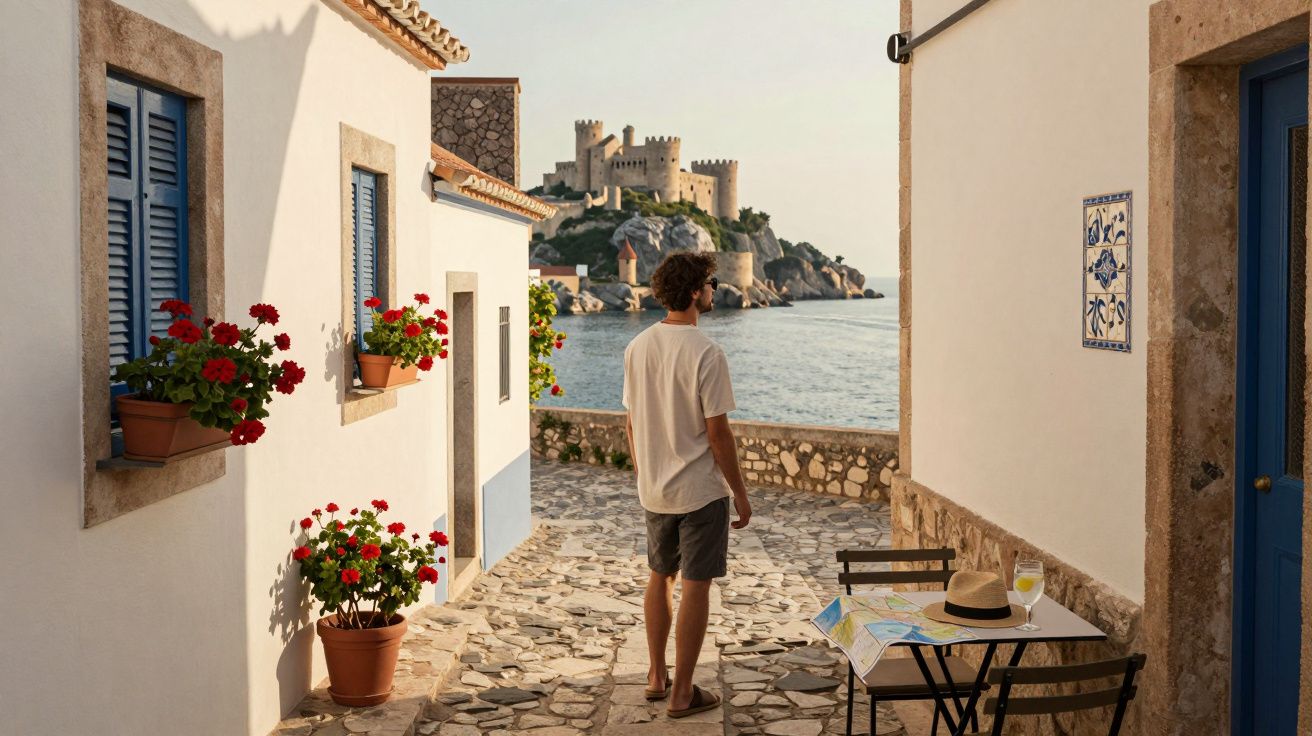 Homem caminhando por rua de pedra com flores e castelo ao fundo, junto ao mar em dia ensolarado.