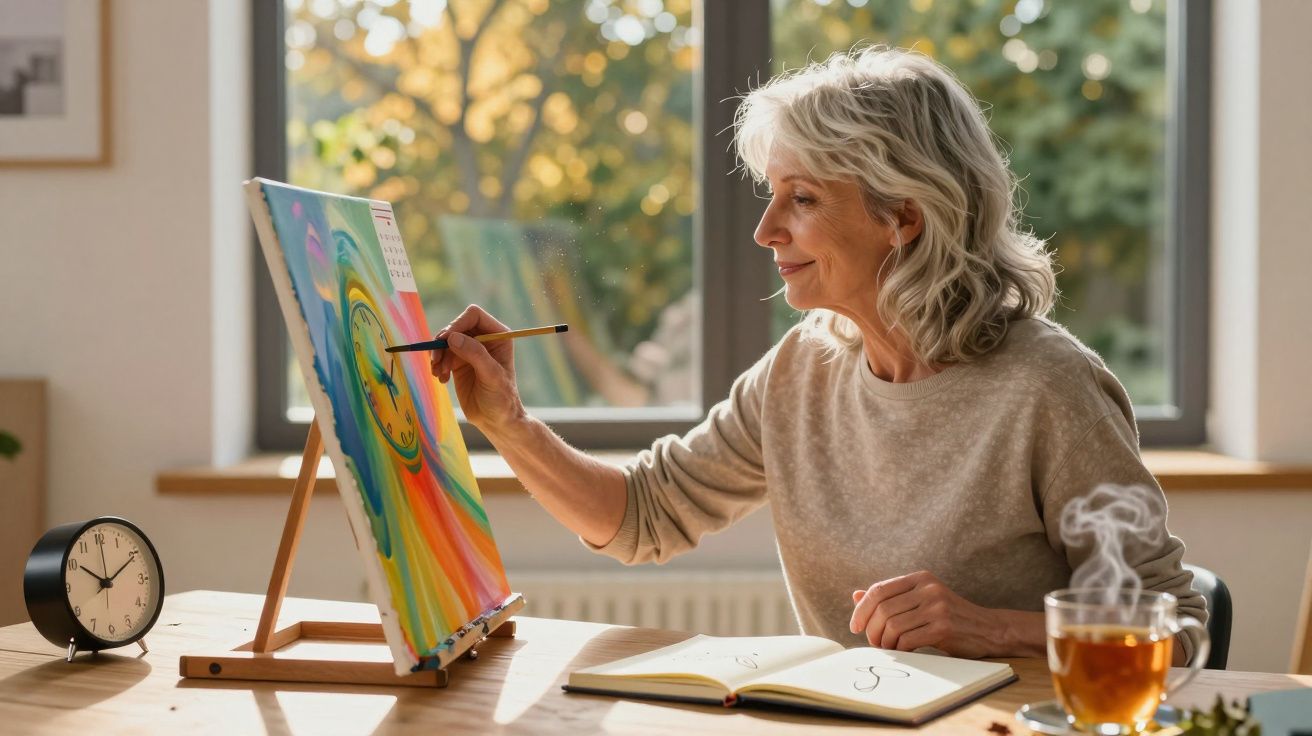 Mulher pintando tela colorida ao sol com livro aberto e chá em xícara fumegante na mesa.