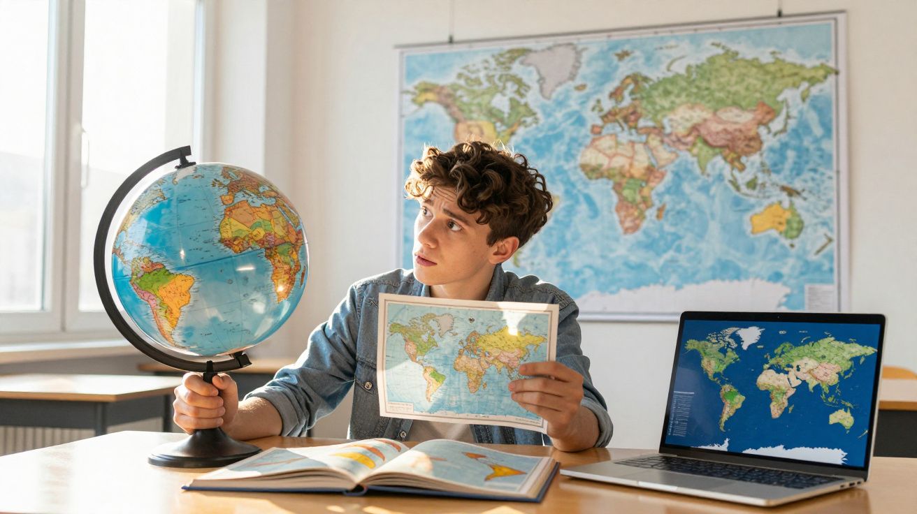 Jovem estudando mapas do mundo com globo terrestre, mapa impresso, livro e mapa digital no laptop.