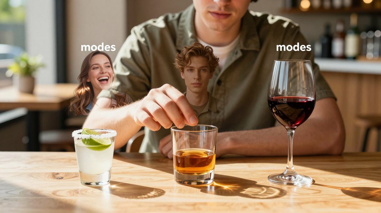 Homem em mesa com três bebidas alcoólicas: coquetel, whisky e vinho tinto, em ambiente iluminado.