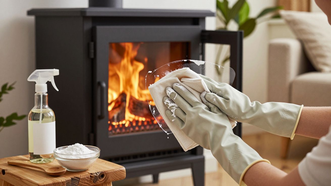 Pessoa com luvas limpando vidro de lareira acesa com pano, spray e bicarbonato junto em ambiente aconchegante.
