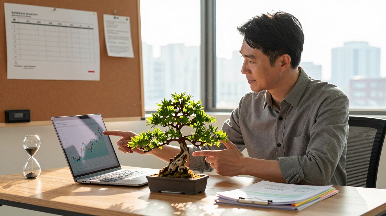 Homem aponta para gráfico em laptop sobre mesa com planta bonsai e documentos em escritório.
