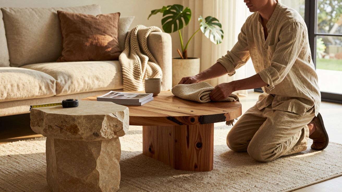 Pessoa arrumando manta sobre mesa de madeira em sala de estar com sofá e decoração em tons neutros.
