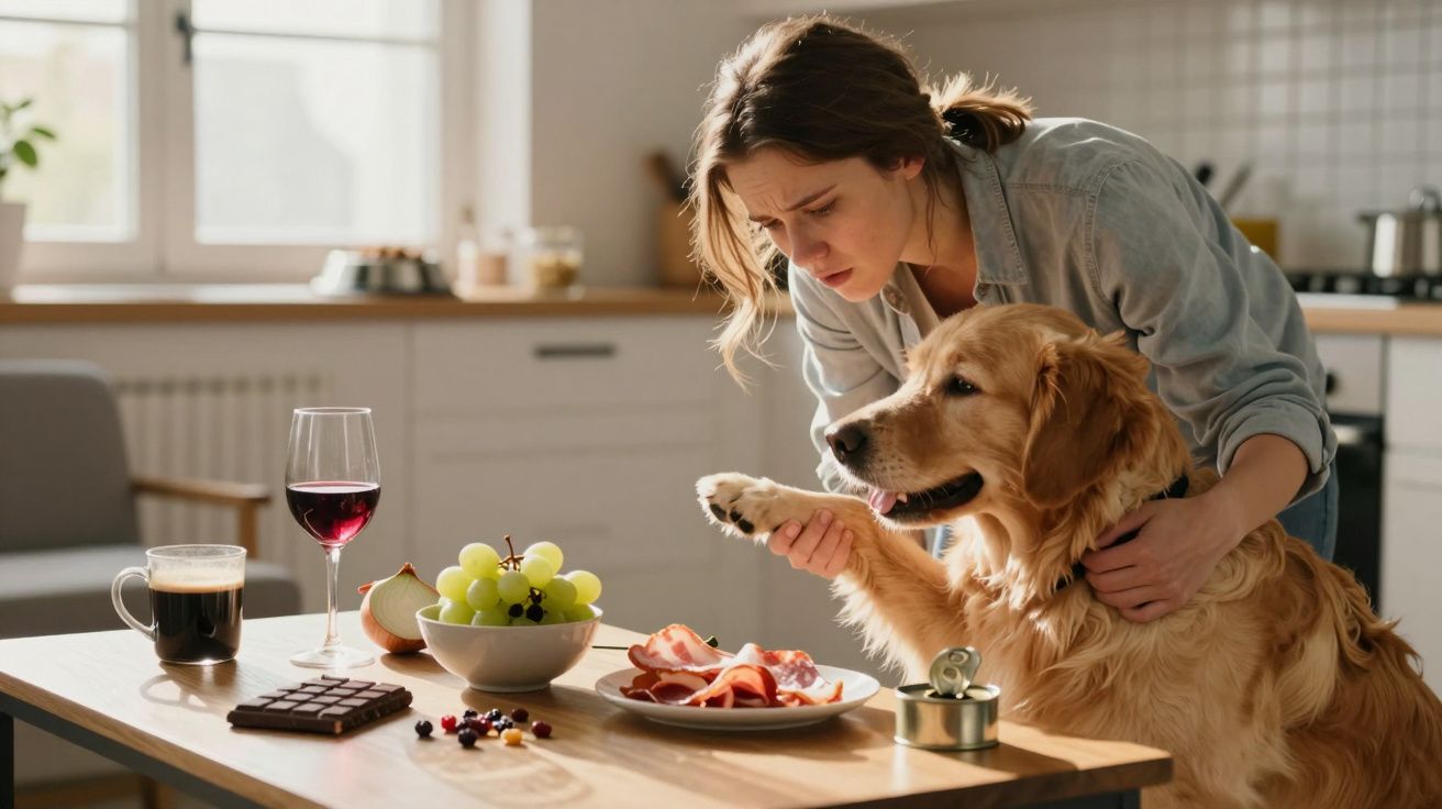 Mulher segura a pata de um cachorro dourado impedindo-o de pegar comida sobre a mesa na cozinha.