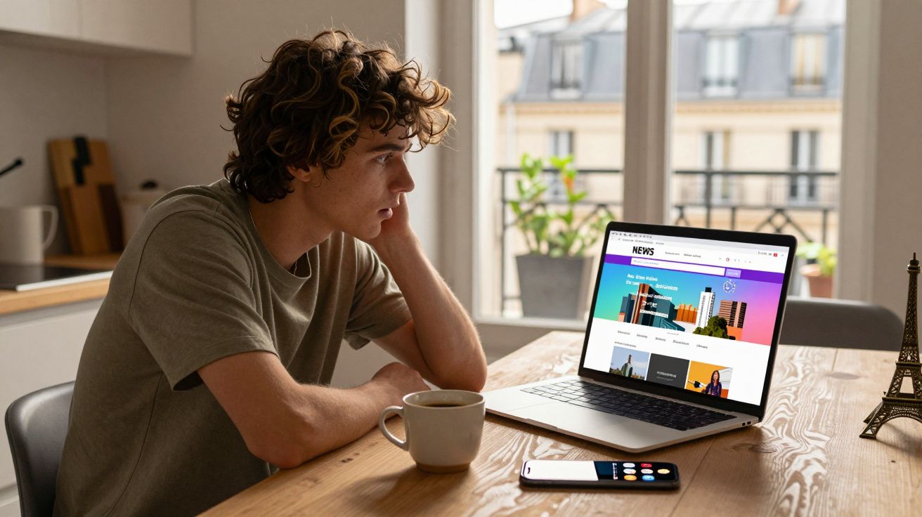 Jovem sentado à mesa em casa olhando para laptop com site de notícias aberto, ao lado de um celular e uma xícara.