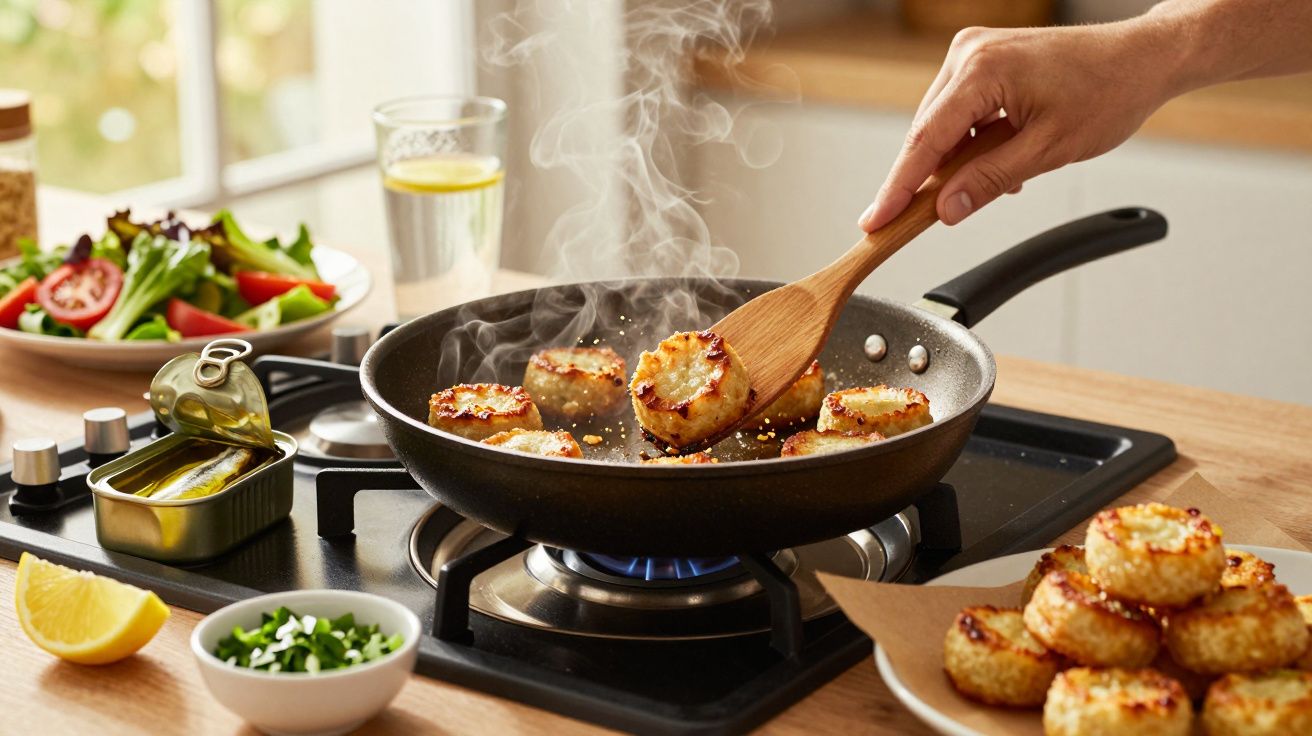 Mãos virando bolinhos dourados em frigideira com madeira, acompanhados de salada, limão e bebidas.