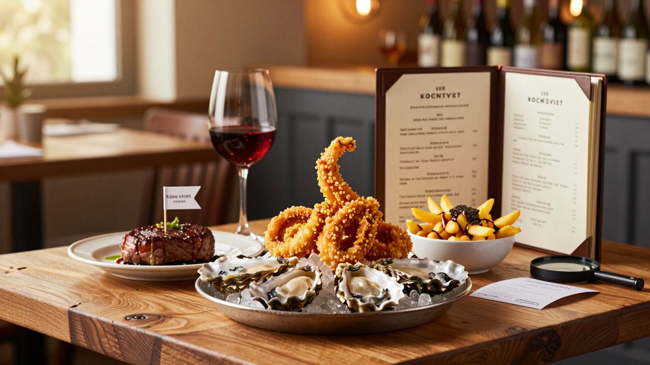 Mesa de restaurante com ostras, lulas empanadas, batatas fritas, bife, taça de vinho e cardápio.
