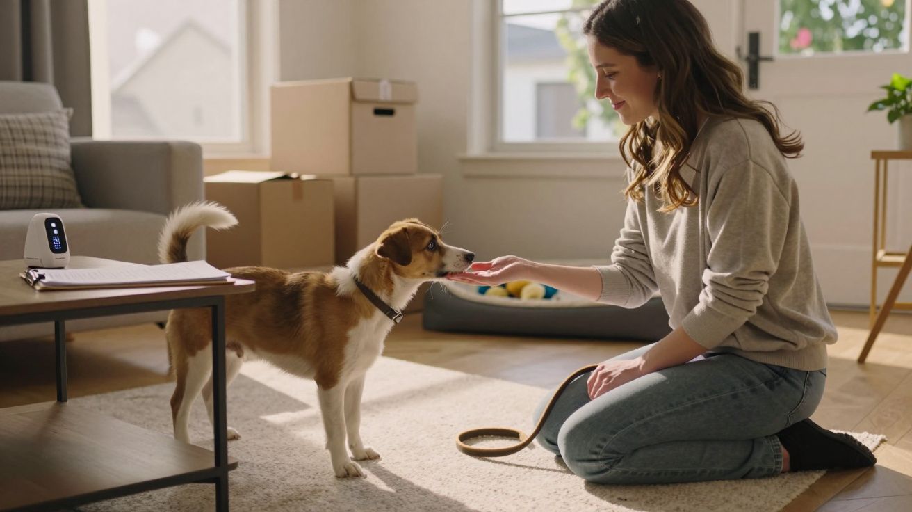 Mulher ajoelhada alimenta e interage com cão em sala iluminada com caixas de mudança ao fundo.