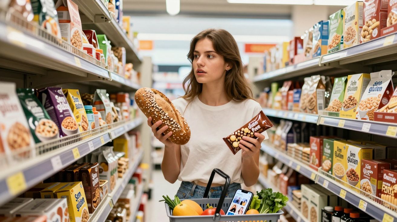 Mulher segura pão e barra de cereal em corredor de supermercado, com cesta cheia de alimentos variados.