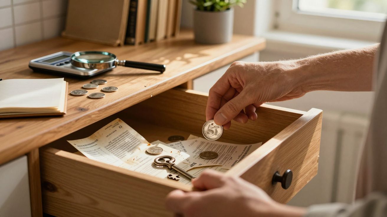 Mãos guardando moedas e um chaveiro em maçaneta de gaveta de madeira com lupa e caderno ao fundo.
