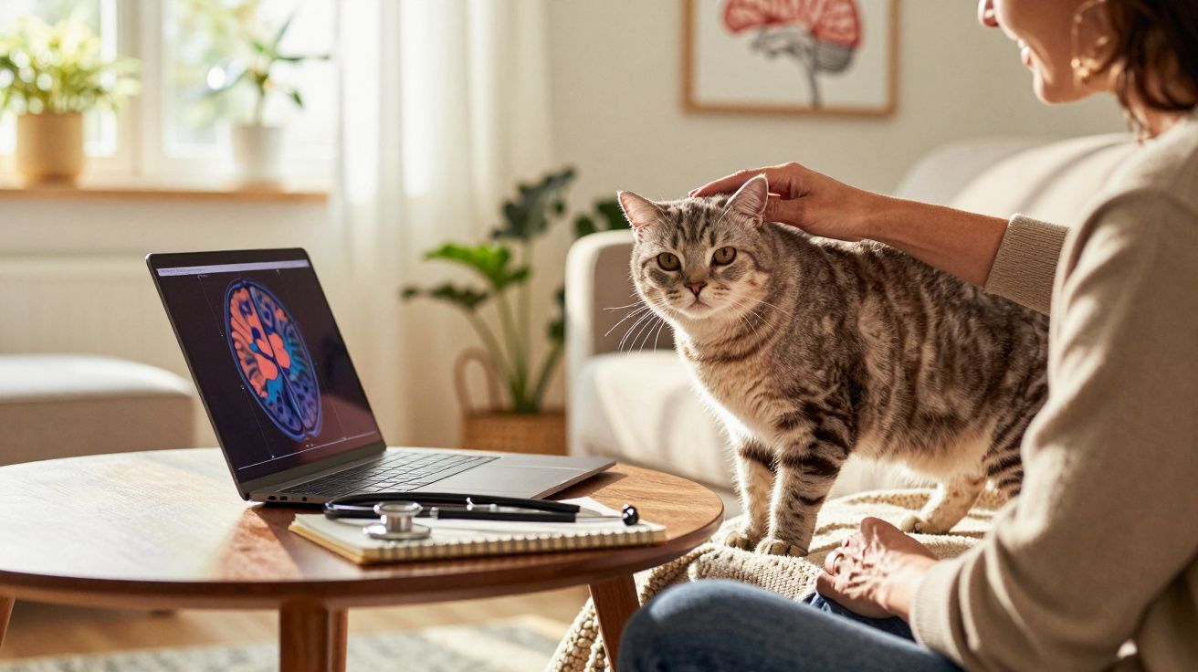 Pessoa acariciando gato ao lado de mesa com laptop exibindo imagem de cérebro e estetoscópio.