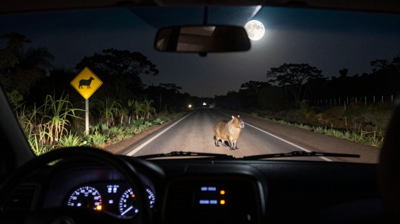 Capivara atravessando estrada à noite, vista do interior do carro, sob a luz do farol e da lua cheia.