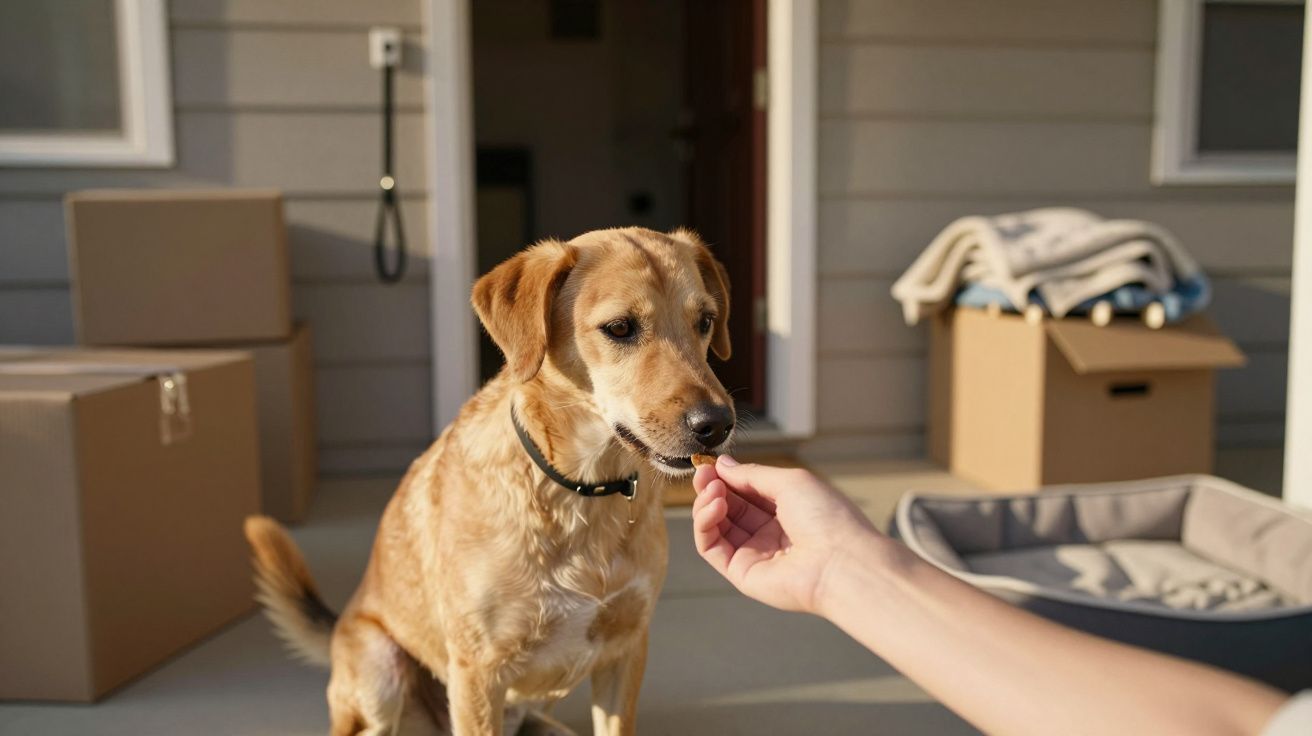 Cachorro dourado recebendo petisco na varanda com caixas de mudança e cama de cachorro ao fundo.