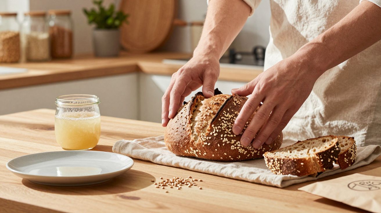 Mãos segurando pão integral com sementes em bancada de cozinha ao lado de pote de geleia e prato branco.